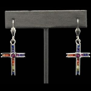 925 Silver Rainbow Sapphire Dangle Cross Earrings